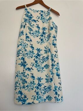 Date Night, Cream Midi Dress with Blue Floral Print, Full Lining Feminine Size L